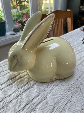 Nantucket Yellow Ceramic Bunny Bank with brown detailing on feet nose ears.